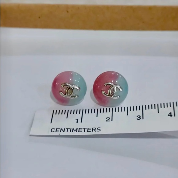 CHANEL ð CoCo Mark Resin Stud Earrings Silver CC Round Pink Vintage 99 P ð - Picture 4 of 16